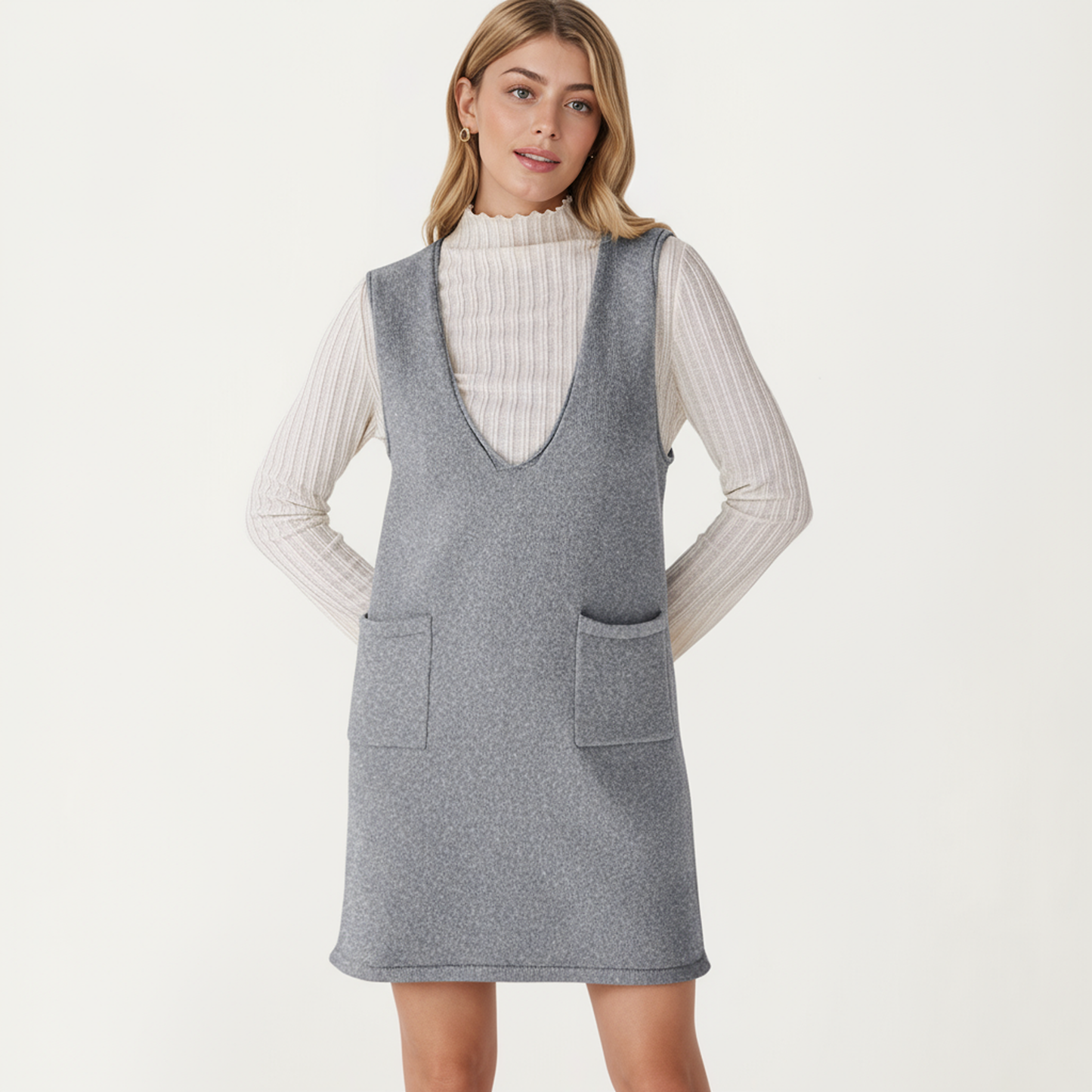 Sleeveless V-Neck Shift Dress with Front Patch Pockets