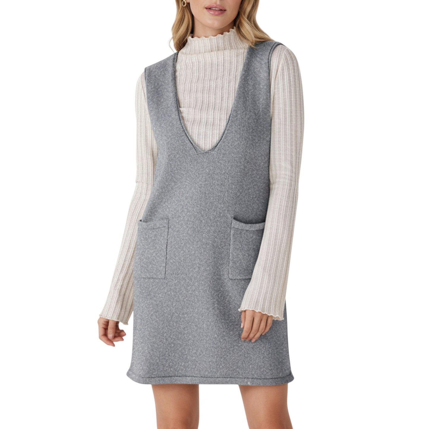 Sleeveless V-Neck Shift Dress with Front Patch Pockets