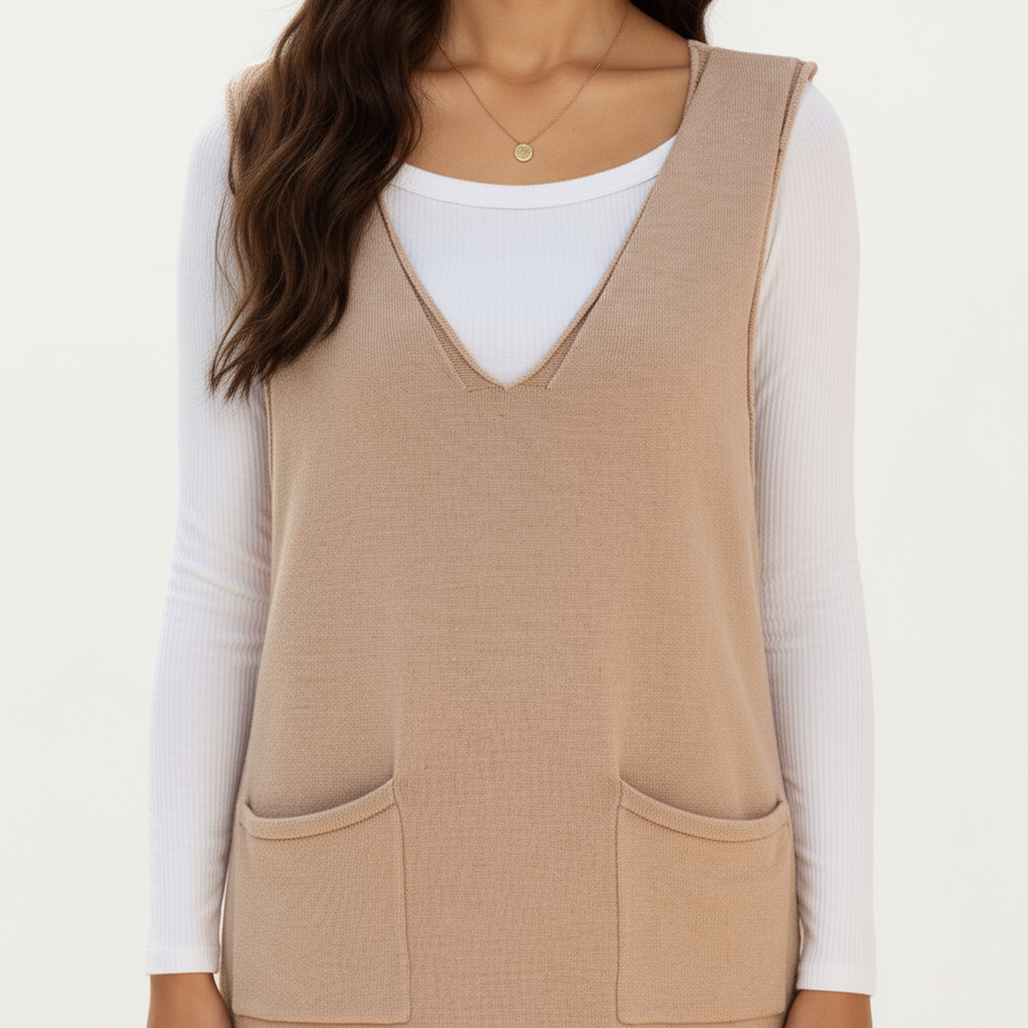 Sleeveless V-Neck Shift Dress with Front Patch Pockets