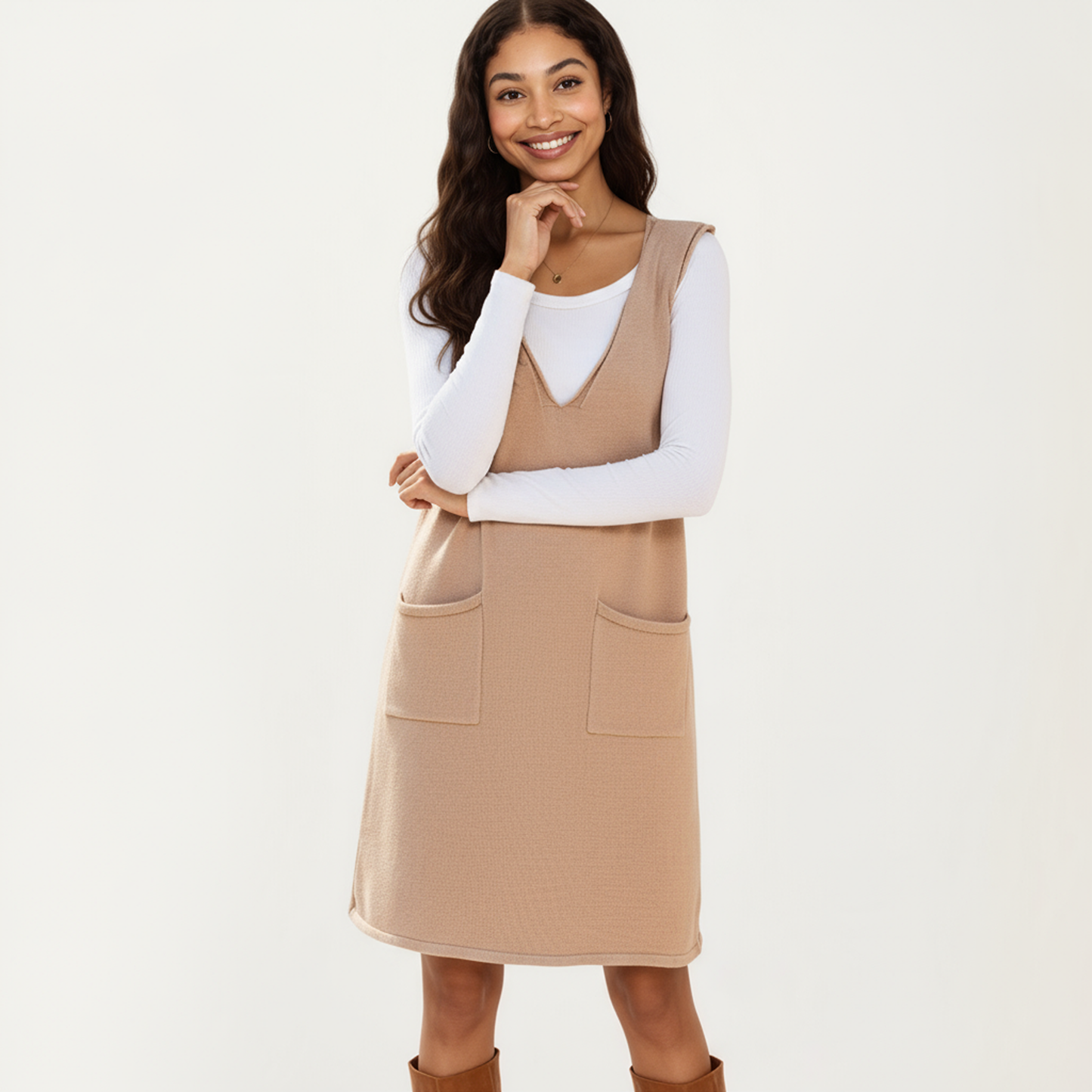 Sleeveless V-Neck Shift Dress with Front Patch Pockets