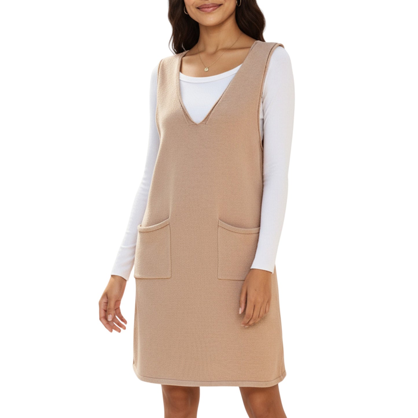 Sleeveless V-Neck Shift Dress with Front Patch Pockets