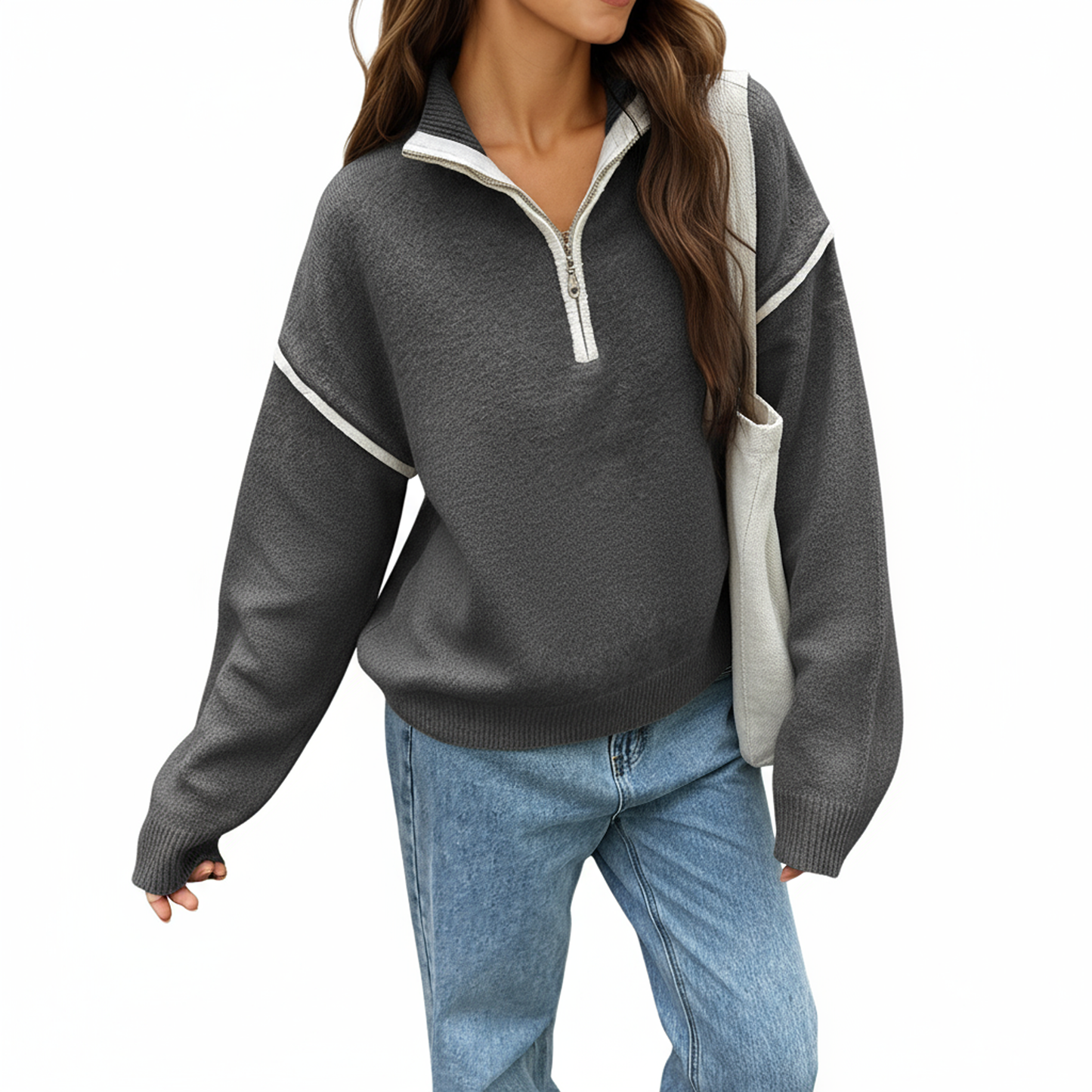 Long Sleeve Pullover Knit Top with Quarter Zip Front Contrast Trim and Ribbed Hem