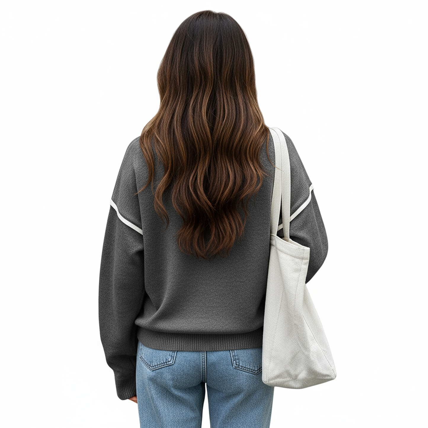 Long Sleeve Pullover Knit Top with Quarter Zip Front Contrast Trim and Ribbed Hem