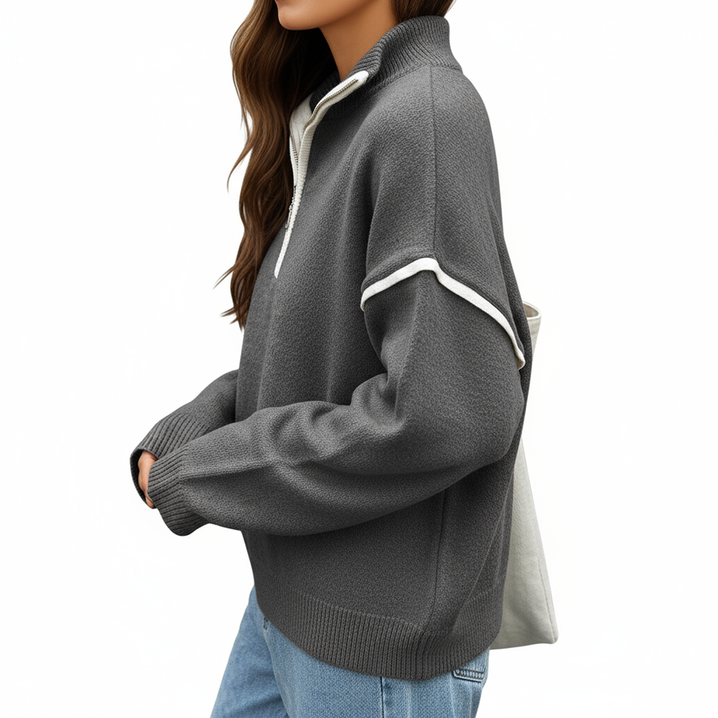 Long Sleeve Pullover Knit Top with Quarter Zip Front Contrast Trim and Ribbed Hem