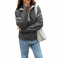 Long Sleeve Pullover Knit Top with Quarter Zip Front Contrast Trim and Ribbed Hem