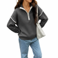 Long Sleeve Pullover Knit Top with Quarter Zip Front Contrast Trim and Ribbed Hem