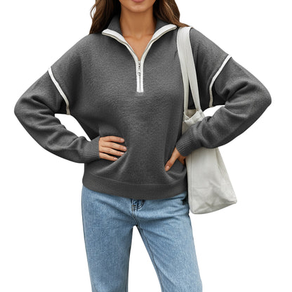 Long Sleeve Pullover Knit Top with Quarter Zip Front Contrast Trim and Ribbed Hem