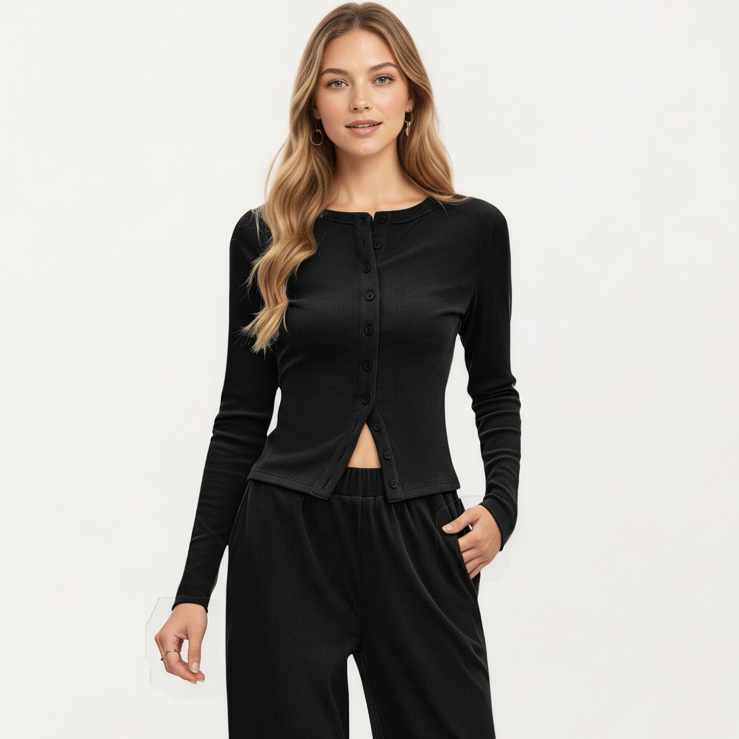 2-Piece Set Long Sleeve Button Front Top and Wide Leg Pants