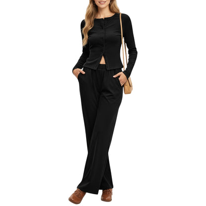 2-Piece Set Long Sleeve Button Front Top and Wide Leg Pants