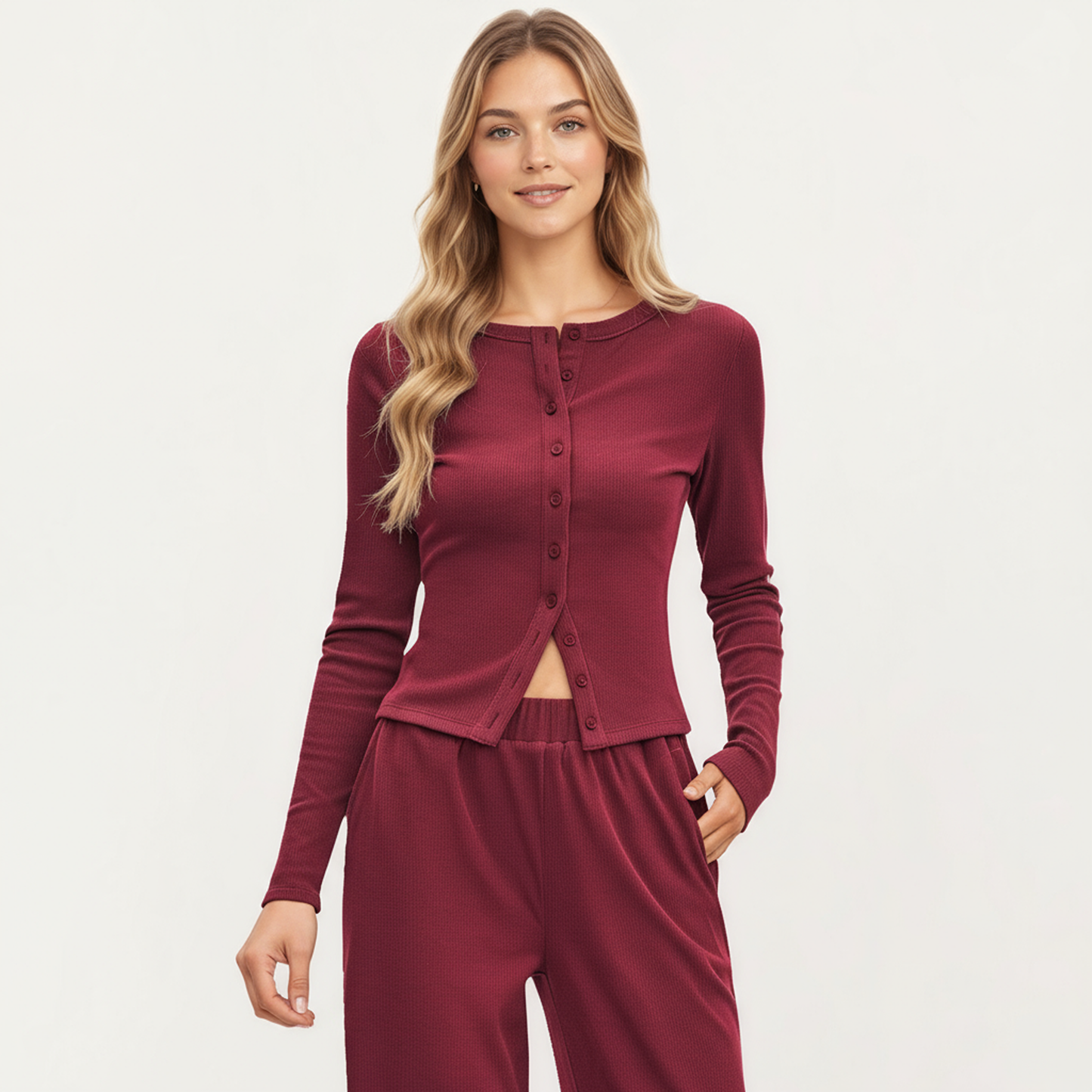 2-Piece Set Long Sleeve Button Front Top and Wide Leg Pants