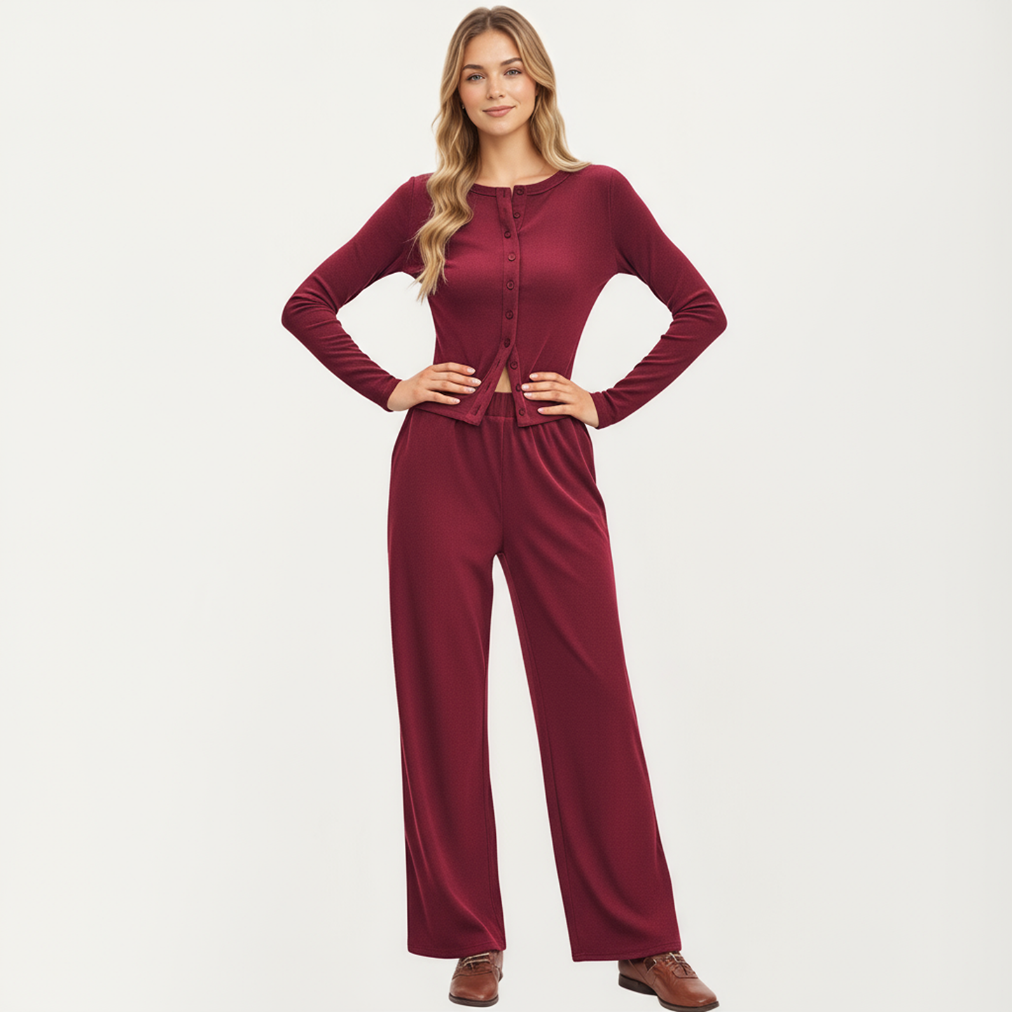 2-Piece Set Long Sleeve Button Front Top and Wide Leg Pants