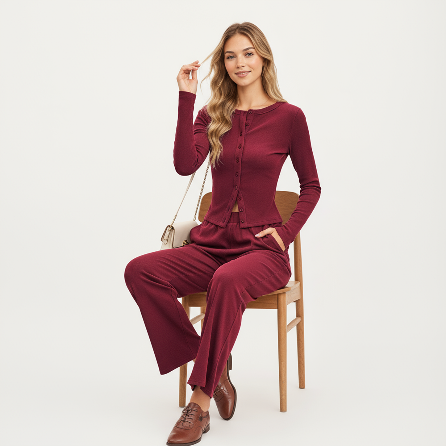 2-Piece Set Long Sleeve Button Front Top and Wide Leg Pants