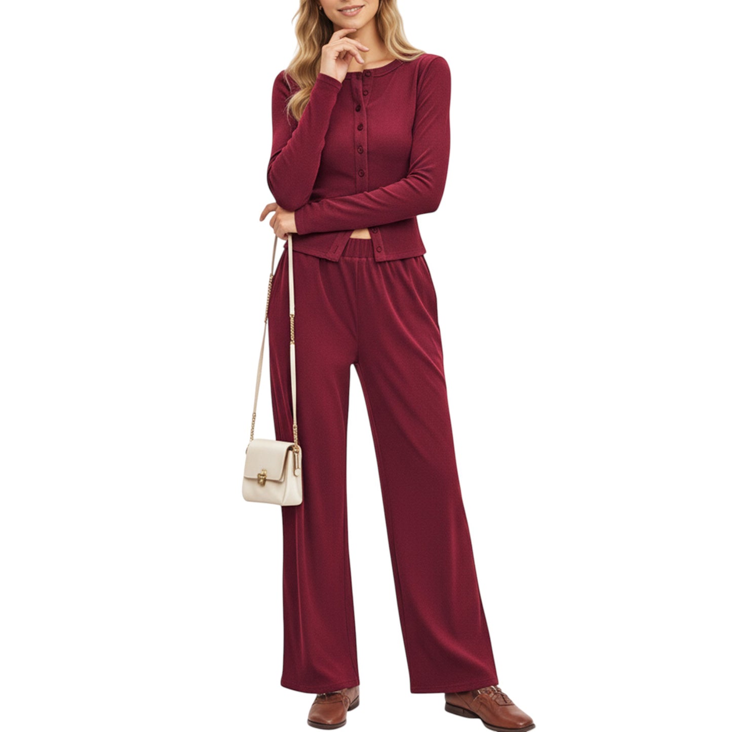 2-Piece Set Long Sleeve Button Front Top and Wide Leg Pants