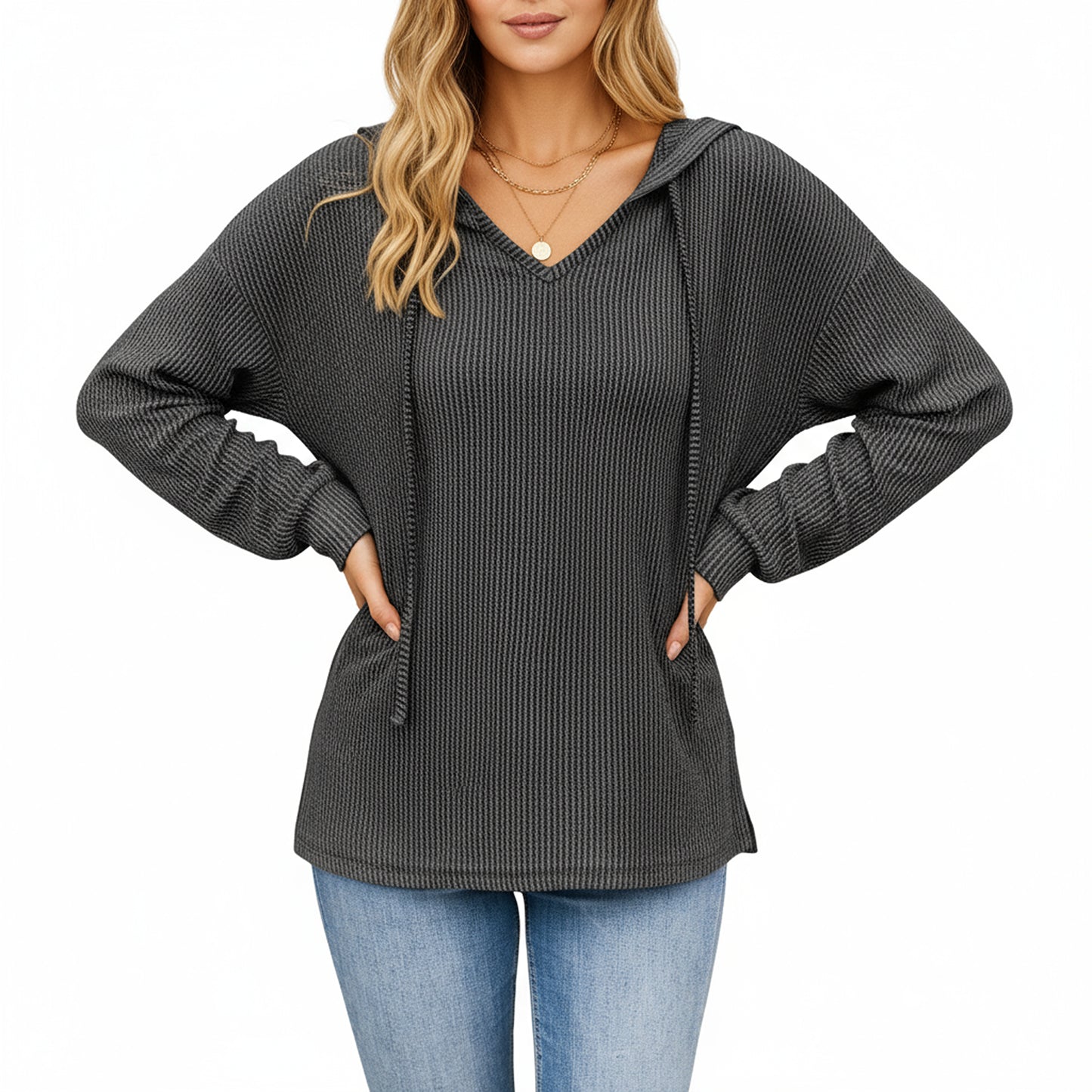 Long Sleeve Waffle Knit Hoodie with V-Neckline and Relaxed Fit