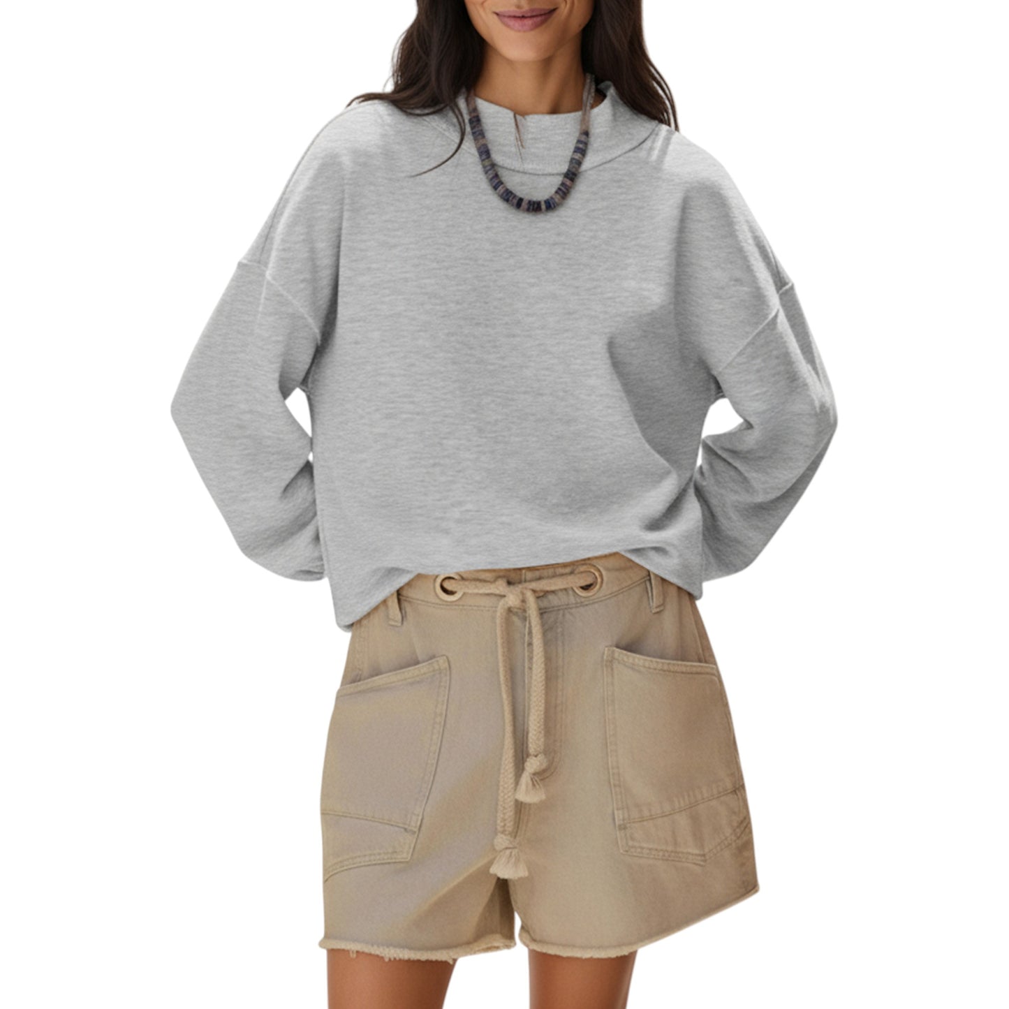Long Sleeve Crew Neck Pullover Top with Relaxed Fit and Ribbed Cuffs