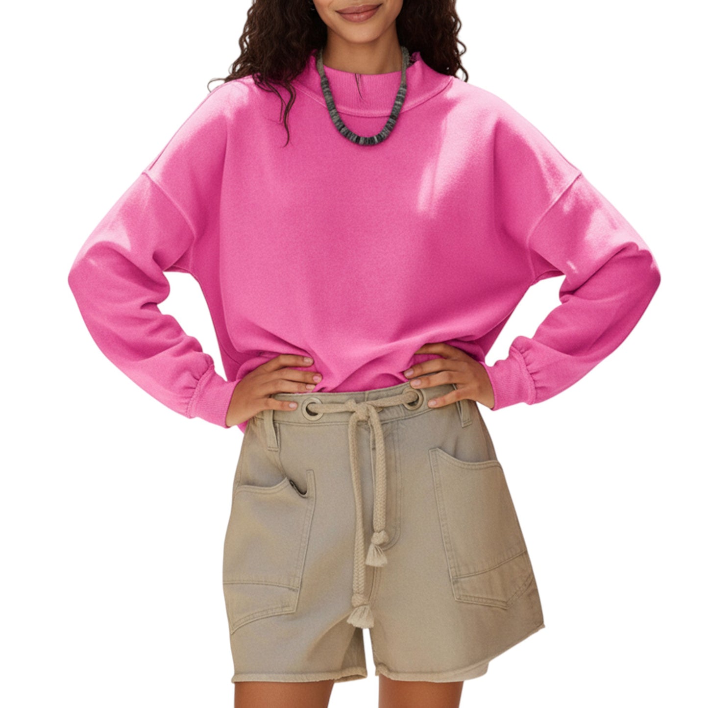 Long Sleeve Crew Neck Pullover Top with Relaxed Fit and Ribbed Cuffs