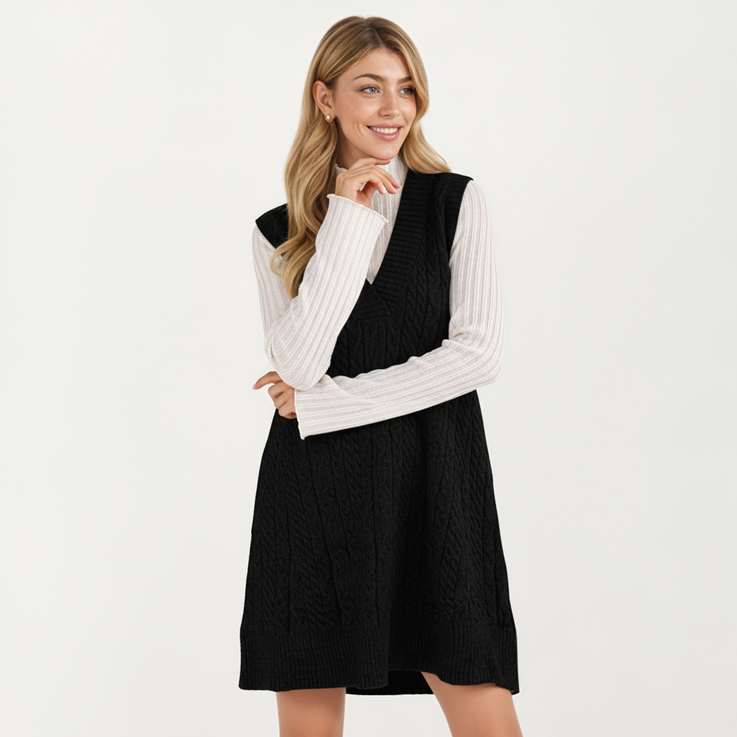 Cable Knit Sweater Dress with Deep V-Neck and Sleeveless Design
