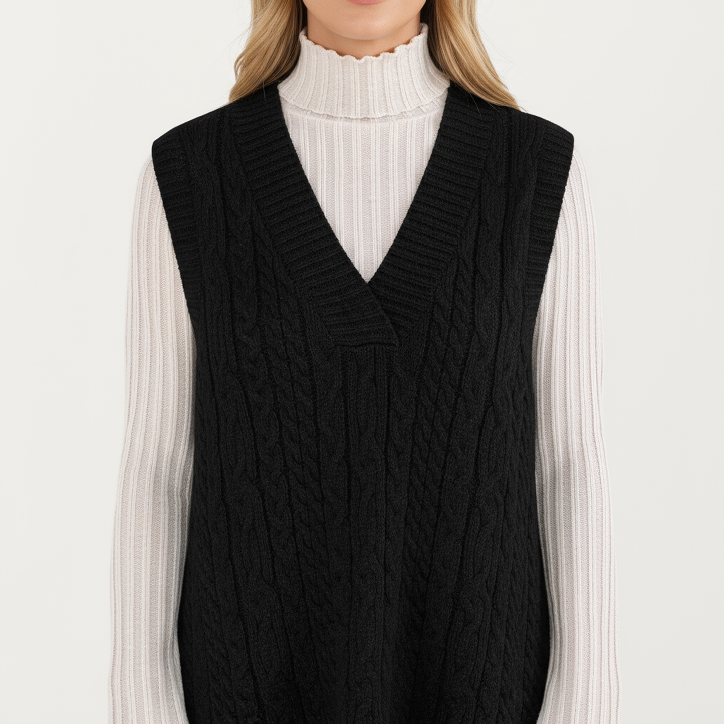 Cable Knit Sweater Dress with Deep V-Neck and Sleeveless Design