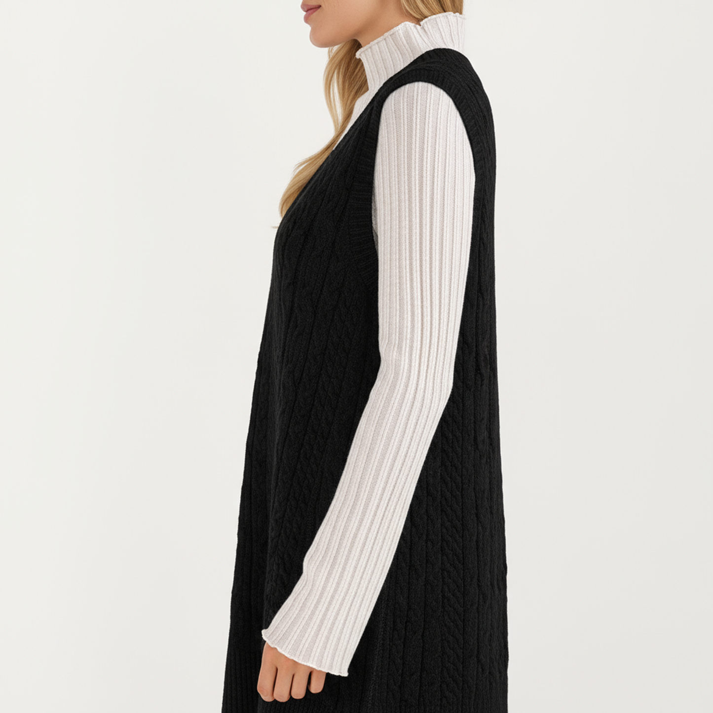 Cable Knit Sweater Dress with Deep V-Neck and Sleeveless Design