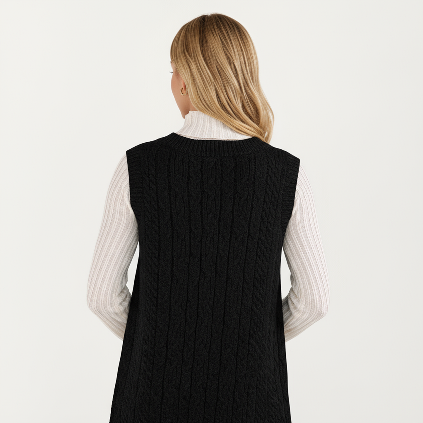Cable Knit Sweater Dress with Deep V-Neck and Sleeveless Design