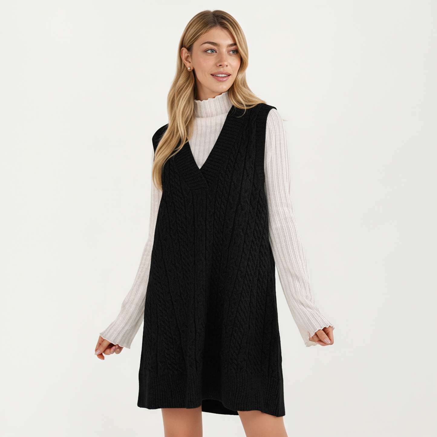 Cable Knit Sweater Dress with Deep V-Neck and Sleeveless Design