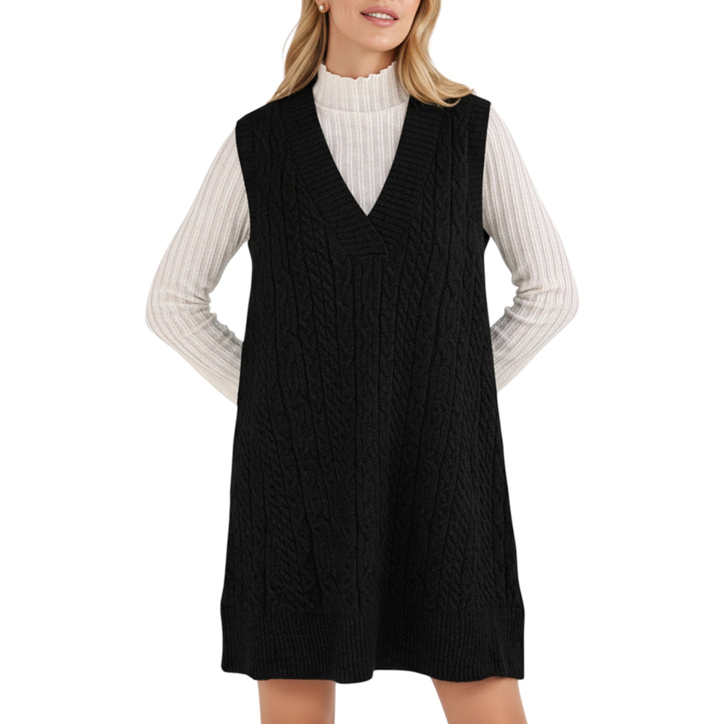 Cable Knit Sweater Dress with Deep V-Neck and Sleeveless Design