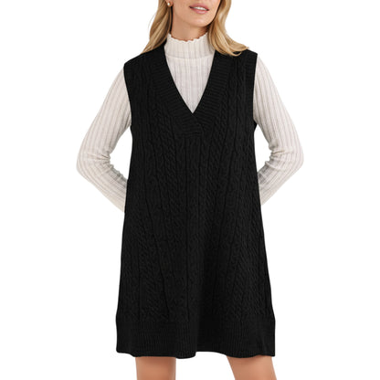 Cable Knit Sweater Dress with Deep V-Neck and Sleeveless Design