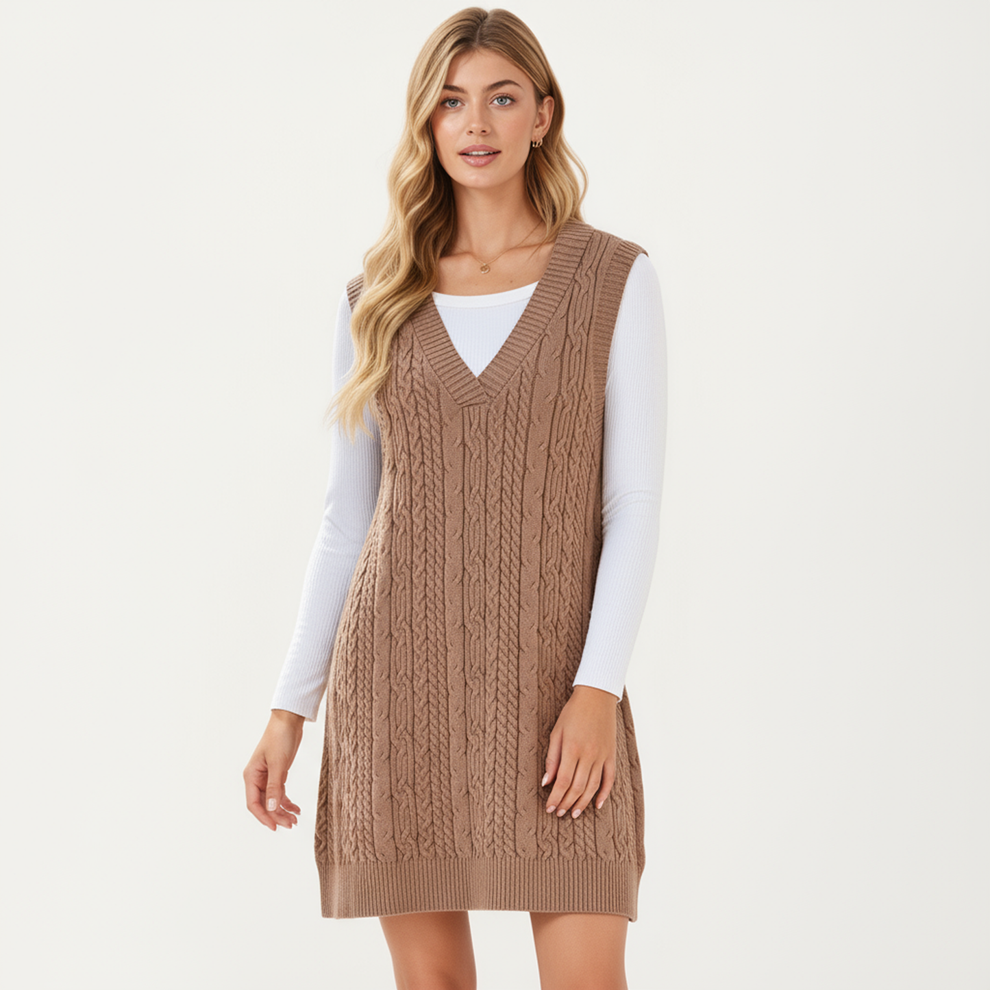 Cable Knit Sweater Dress with Deep V-Neck and Sleeveless Design
