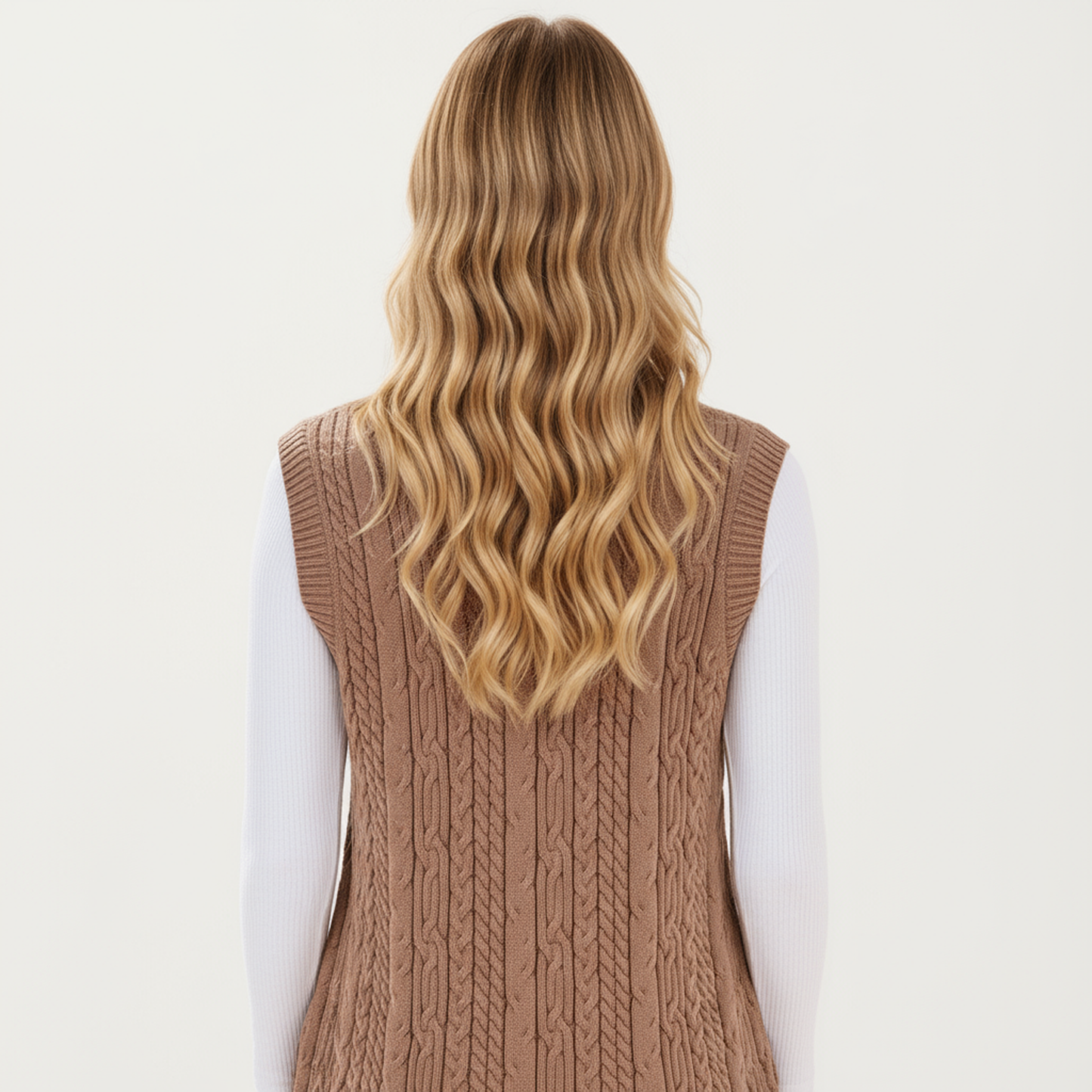 Cable Knit Sweater Dress with Deep V-Neck and Sleeveless Design
