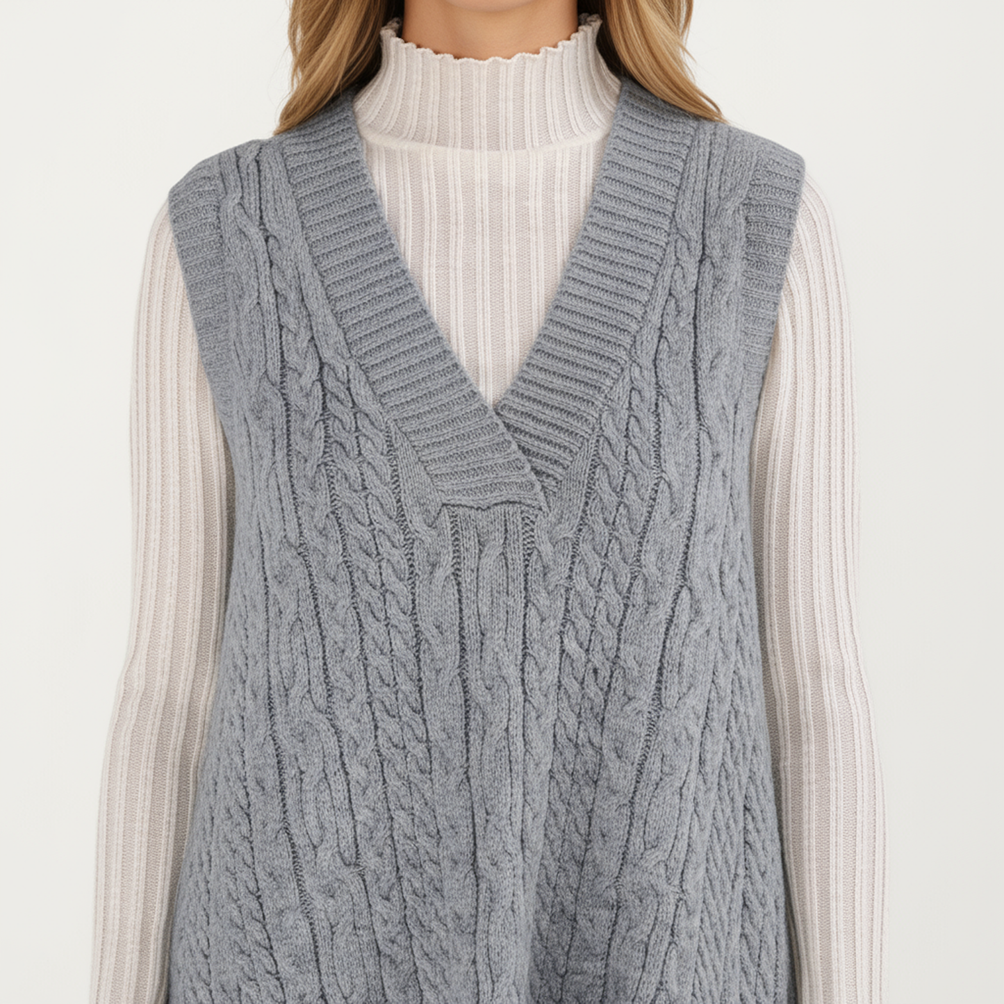 Cable Knit Sweater Dress with Deep V-Neck and Sleeveless Design