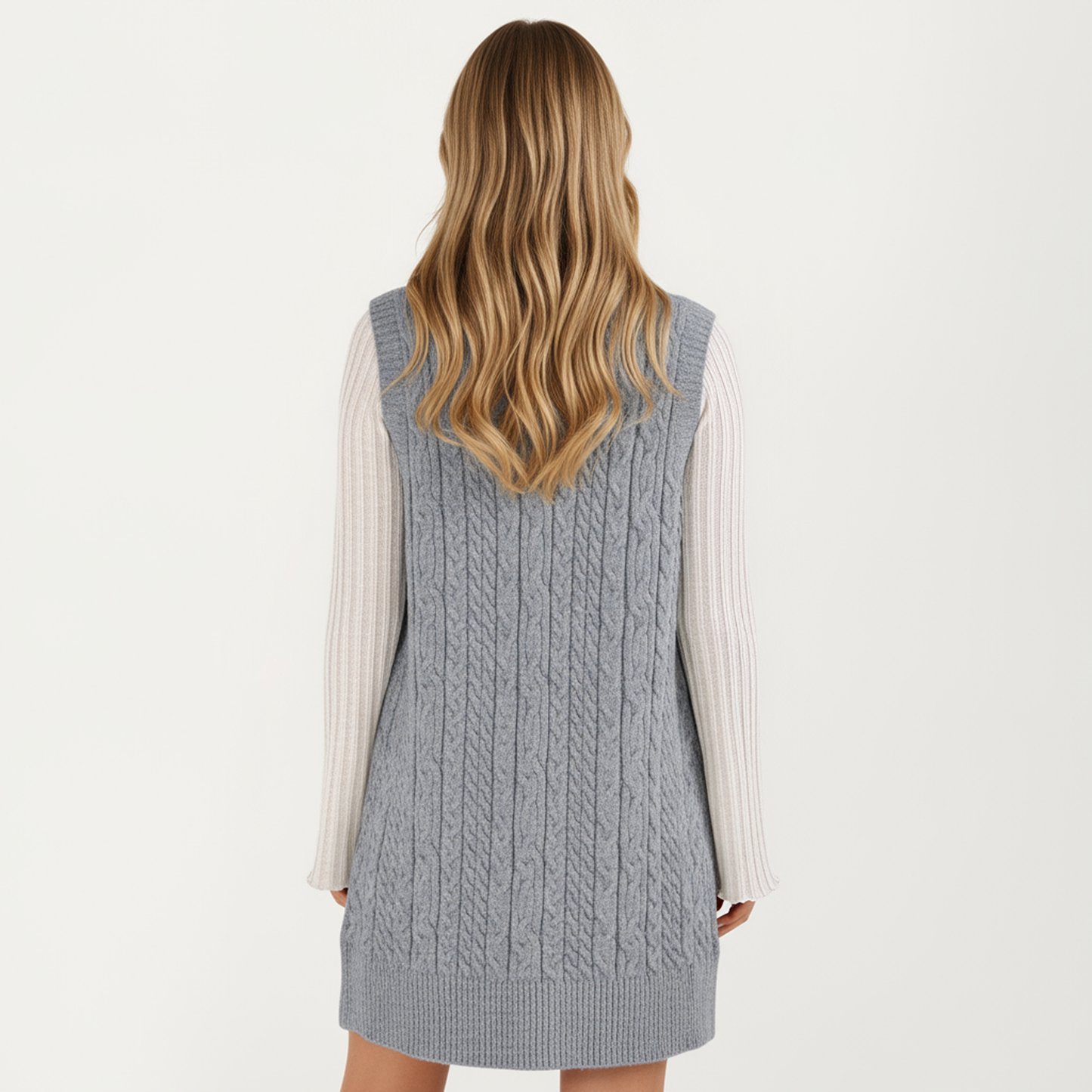 Cable Knit Sweater Dress with Deep V-Neck and Sleeveless Design