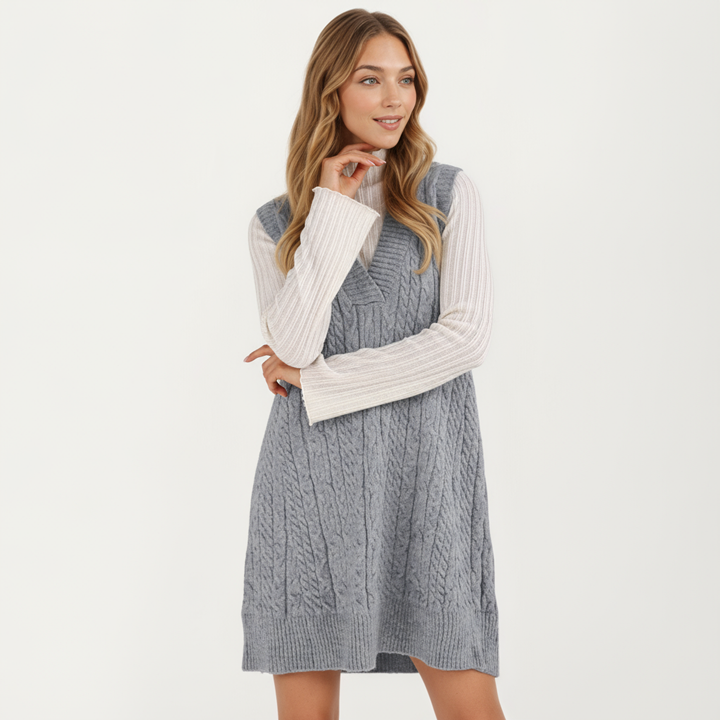 Cable Knit Sweater Dress with Deep V-Neck and Sleeveless Design