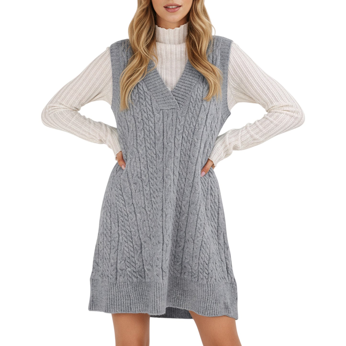 Cable Knit Sweater Dress with Deep V-Neck and Sleeveless Design