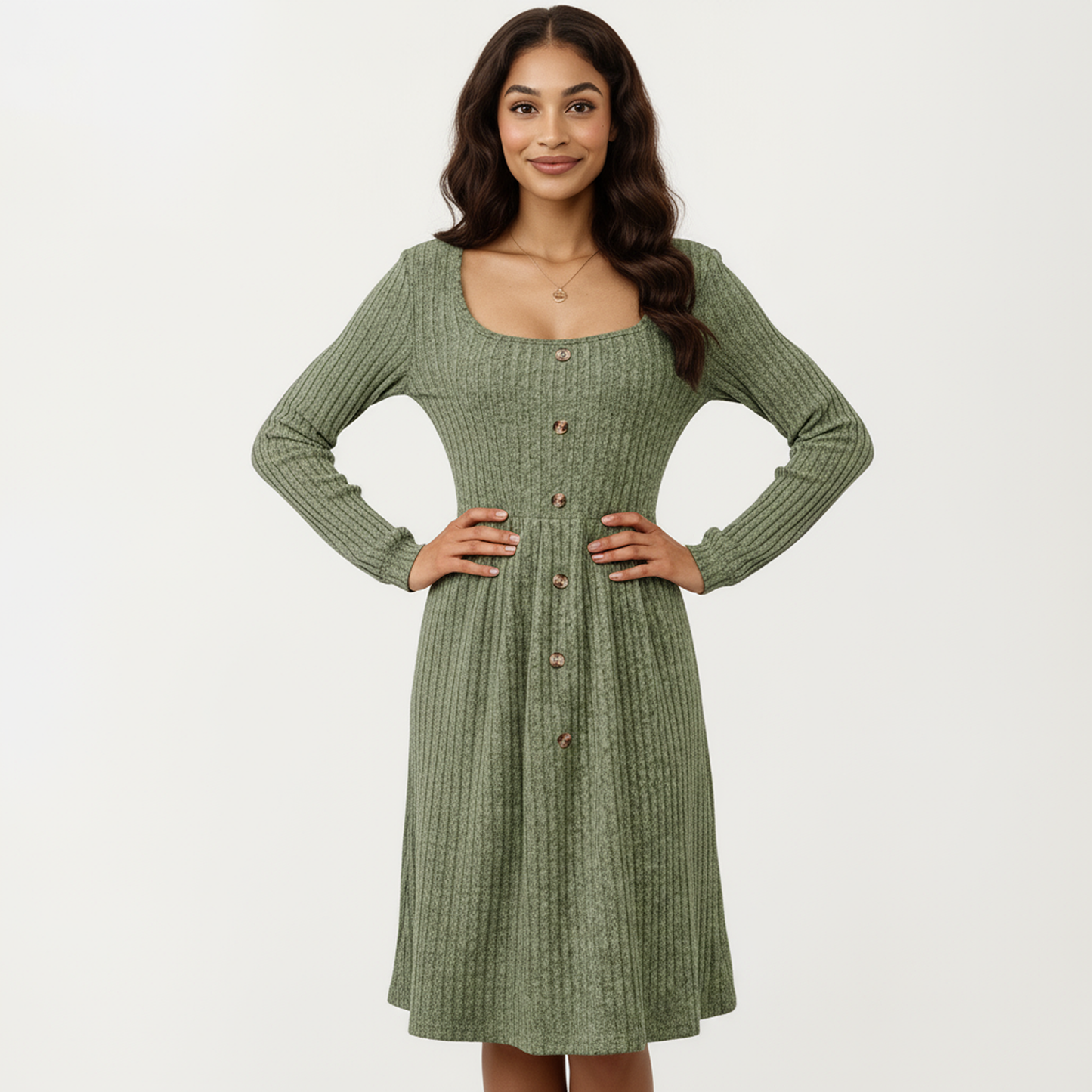 Long Sleeve Ribbed Knit A-Line Dress with Button Front Detail