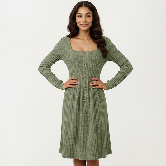 Long Sleeve Ribbed Knit A-Line Dress with Button Front Detail
