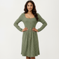 Long Sleeve Ribbed Knit A-Line Dress with Button Front Detail
