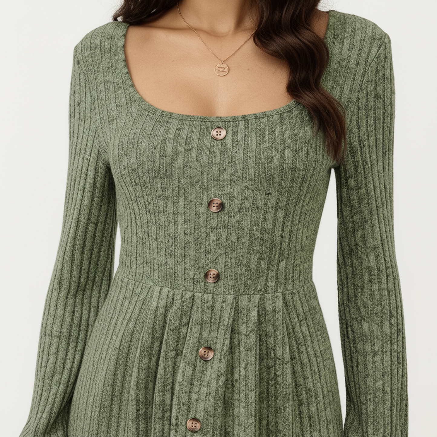 Long Sleeve Ribbed Knit A-Line Dress with Button Front Detail