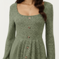 Long Sleeve Ribbed Knit A-Line Dress with Button Front Detail