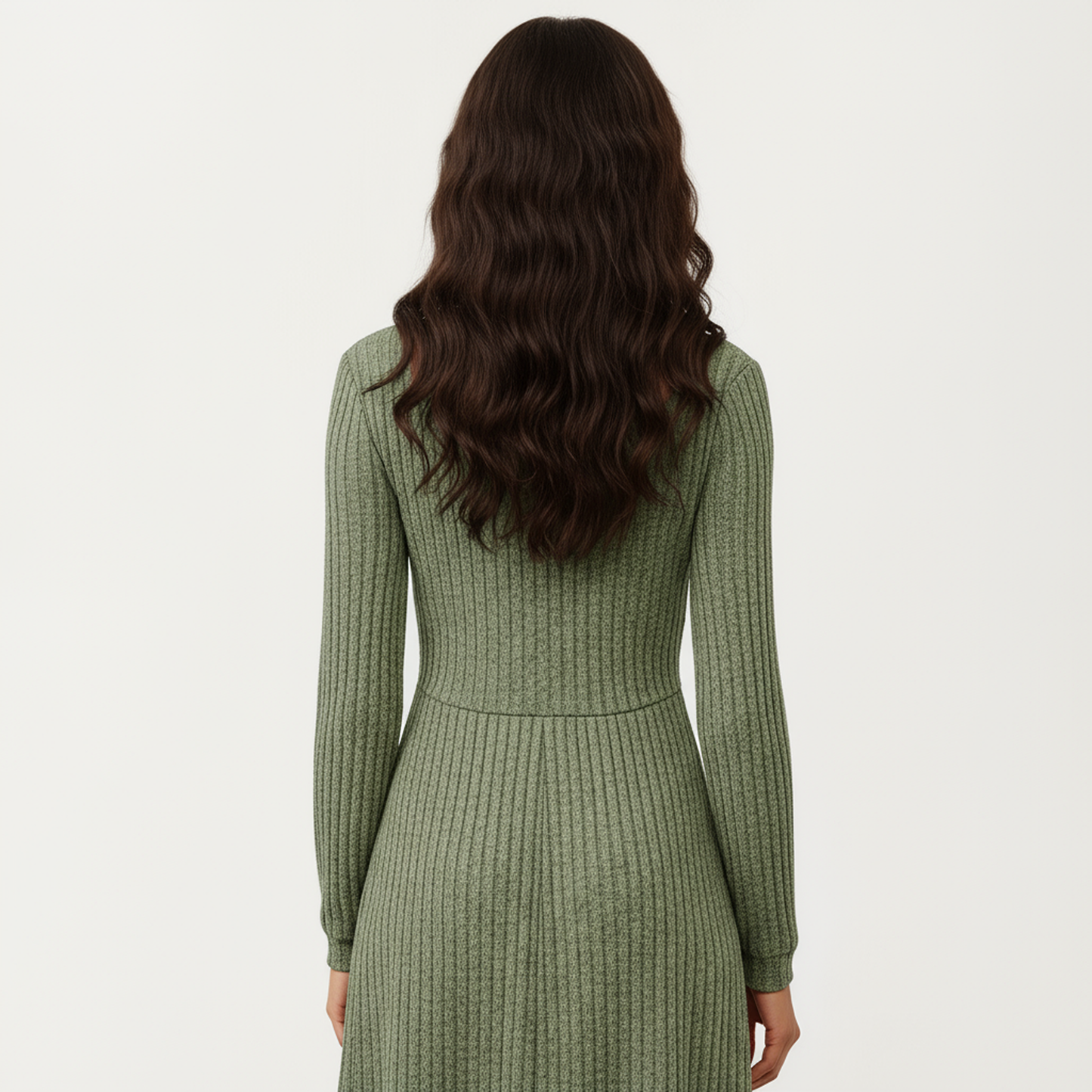 Long Sleeve Ribbed Knit A-Line Dress with Button Front Detail