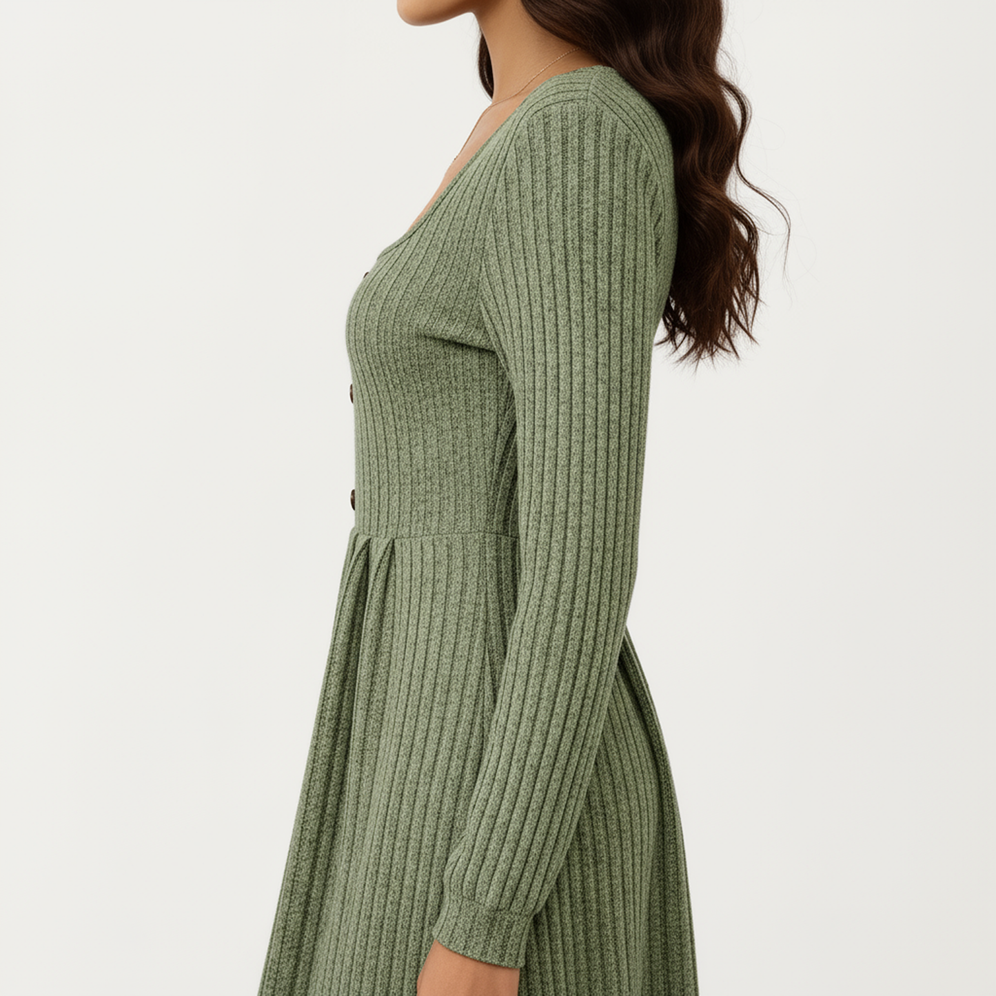 Long Sleeve Ribbed Knit A-Line Dress with Button Front Detail