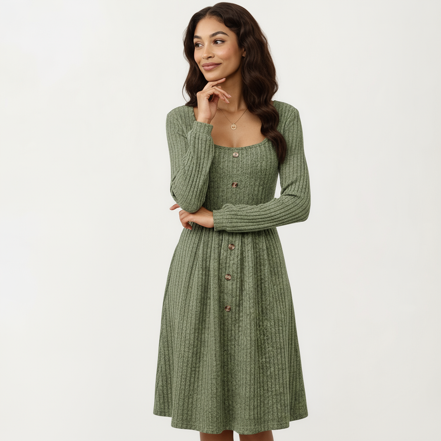 Long Sleeve Ribbed Knit A-Line Dress with Button Front Detail