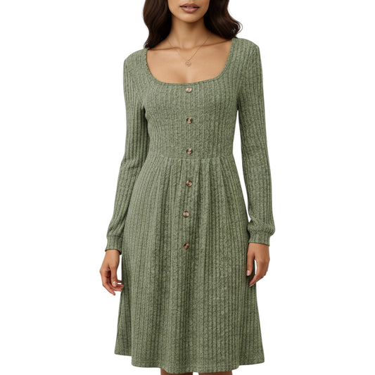 Long Sleeve Ribbed Knit A-Line Dress with Button Front Detail