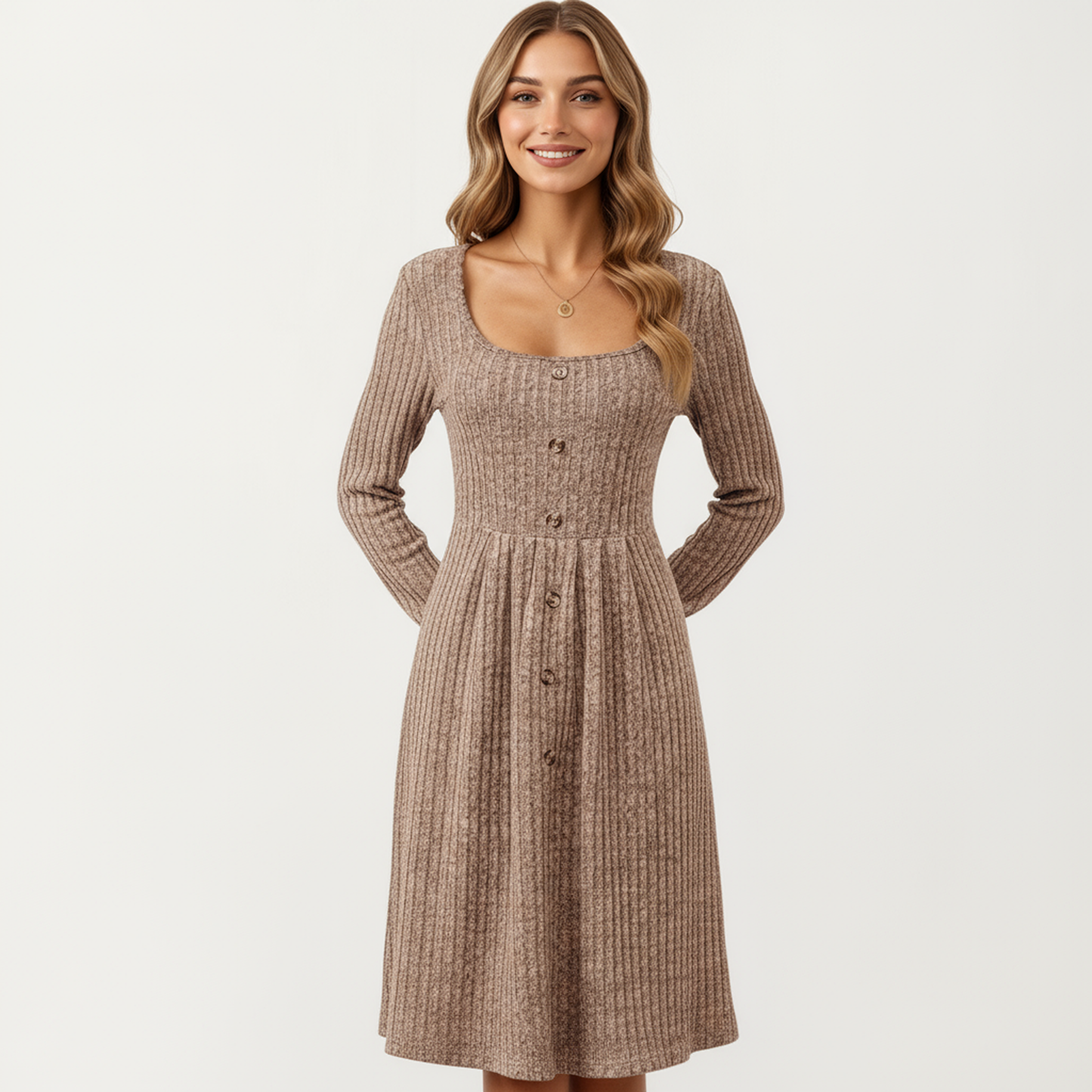 Long Sleeve Ribbed Knit A-Line Dress with Button Front Detail