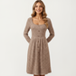 Long Sleeve Ribbed Knit A-Line Dress with Button Front Detail