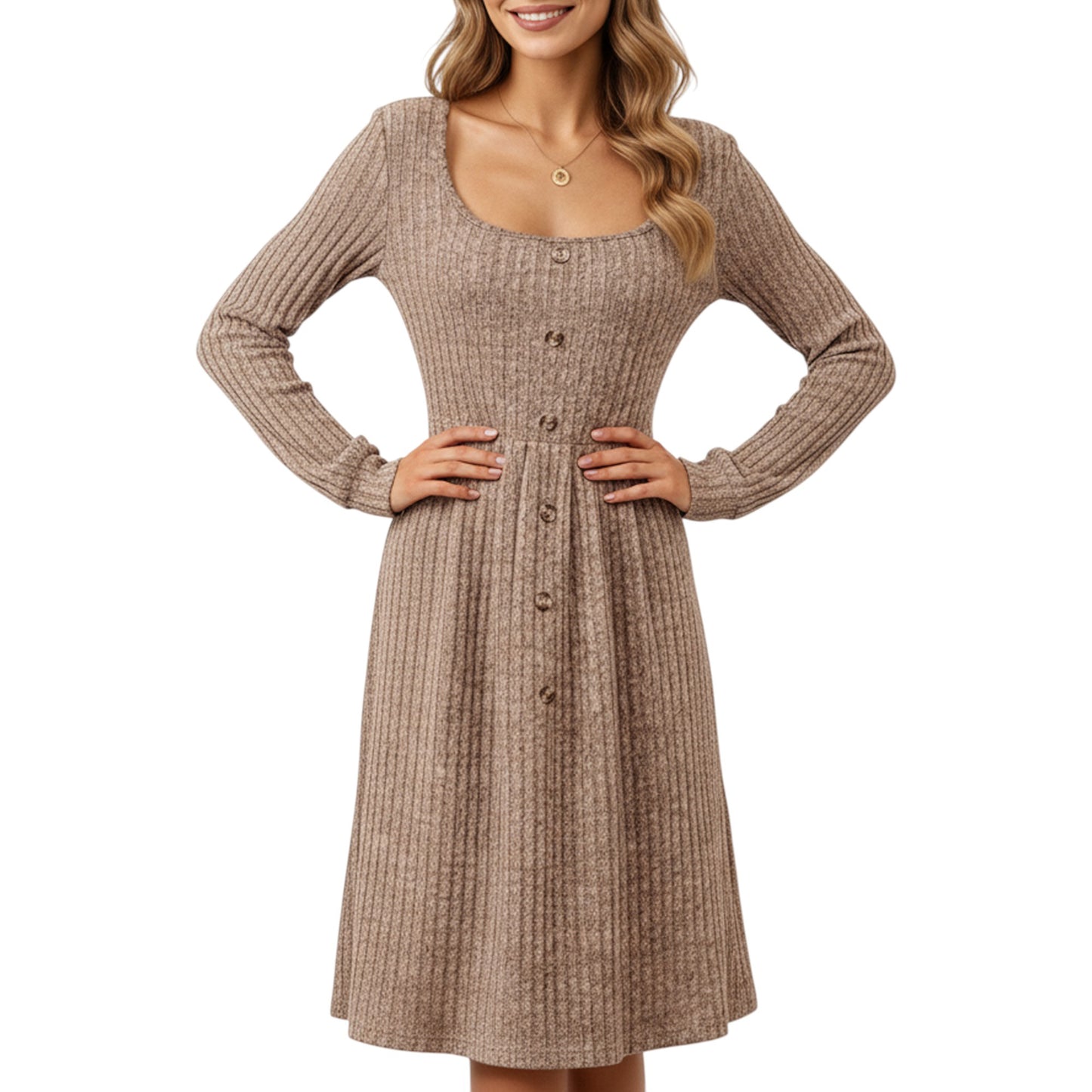 Long Sleeve Ribbed Knit A-Line Dress with Button Front Detail
