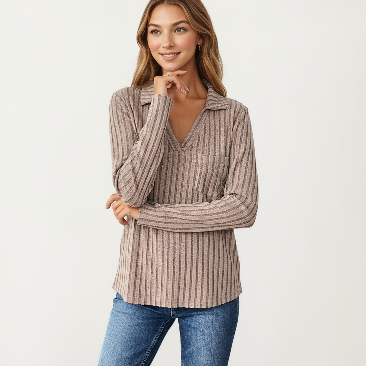 Long Sleeve Ribbed Knit Top with Collared V-Neck and Chest Pocket