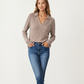 Long Sleeve Ribbed Knit Top with Collared V-Neck and Chest Pocket