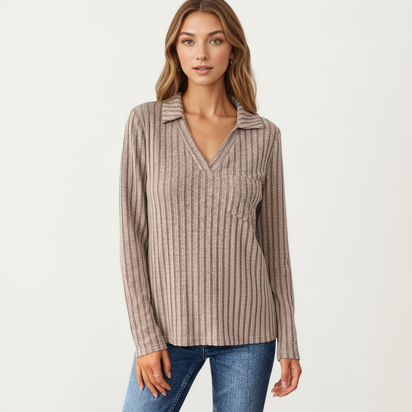 Long Sleeve Ribbed Knit Top with Collared V-Neck and Chest Pocket