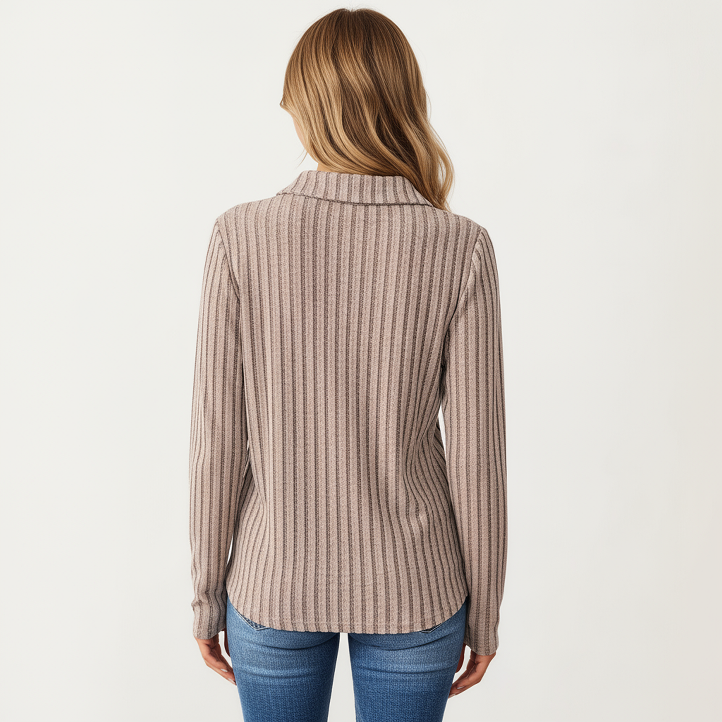 Long Sleeve Ribbed Knit Top with Collared V-Neck and Chest Pocket
