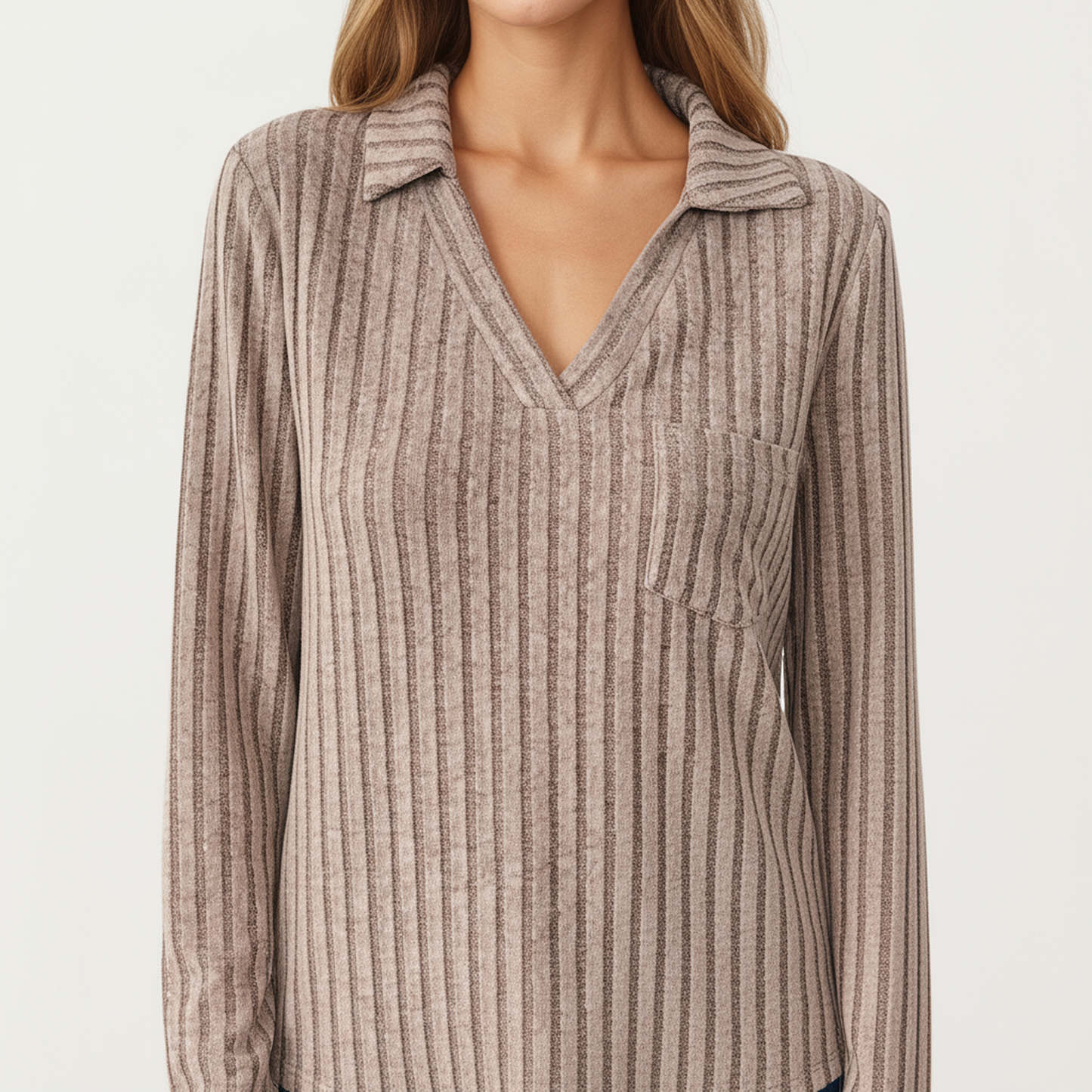 Long Sleeve Ribbed Knit Top with Collared V-Neck and Chest Pocket